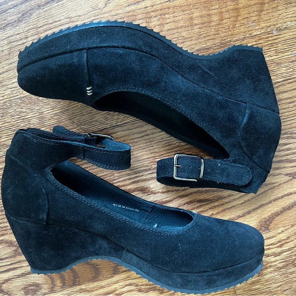 KHRIO Black Suede Leather Mary Jane Wedge Shoes‎ Feminine Date Night Classic 41